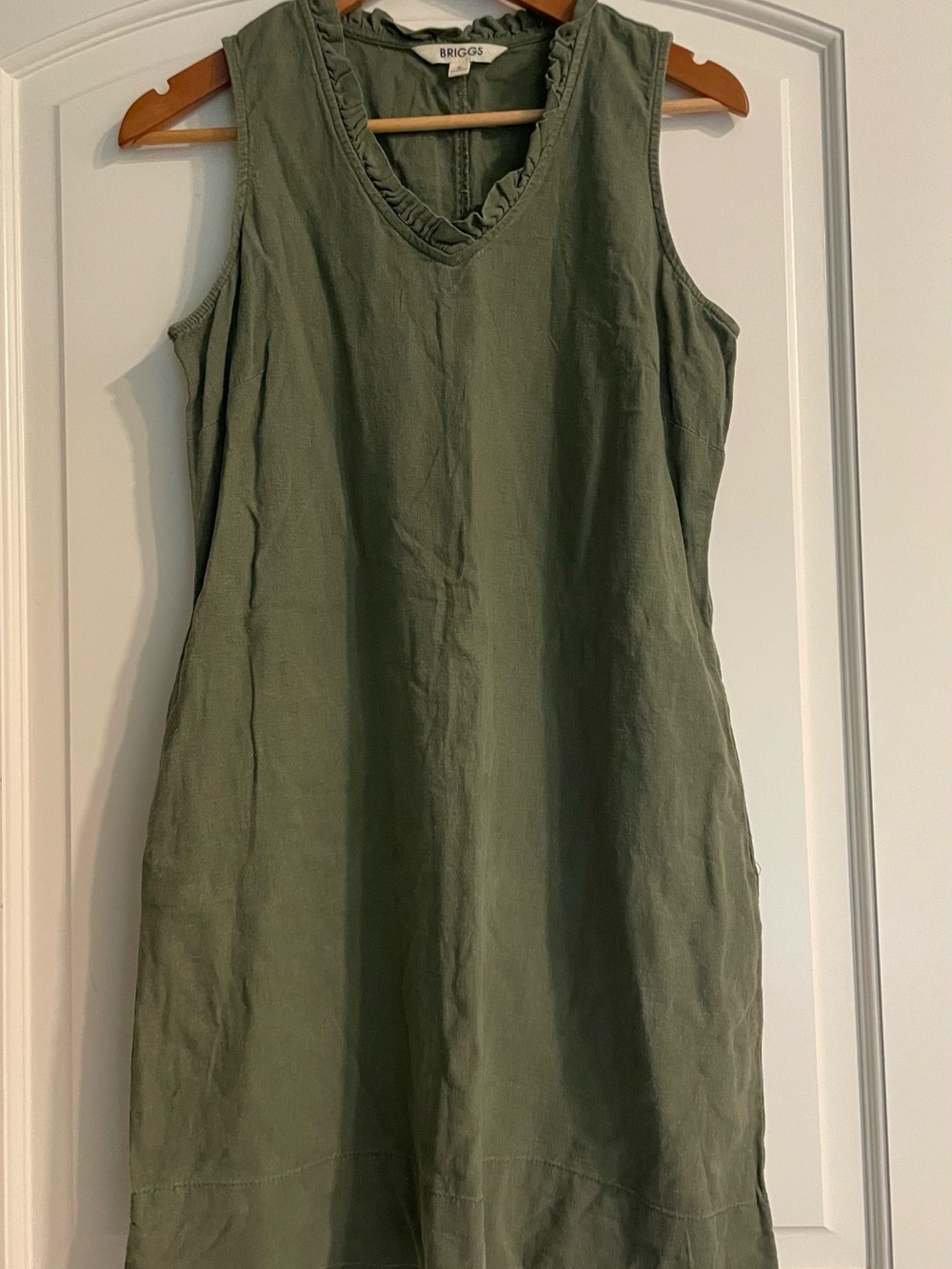 Briggs Olive Green Sleeveless Linen Dress Side Pockets Medium